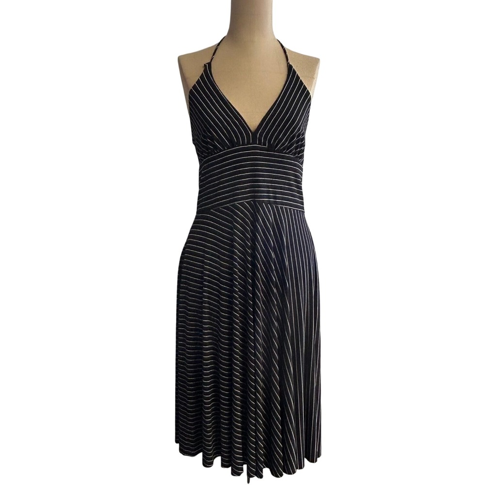 Alyn Paige Women's Midi Dress SMALL Black White Striped Halter V-Neck Wedding